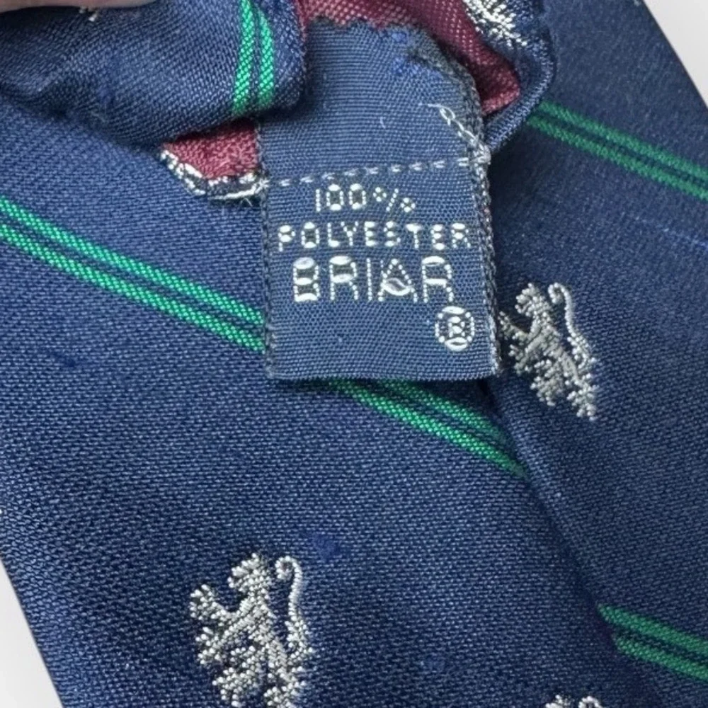 Briar Pride of England Navy Blue Rampant Lion Crest Green Stripe Silk Necktie